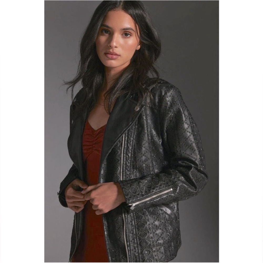 Anthropologie Black Faux Leather Embroidered Eyelet Bomber Moto Jacket SMALL EUC